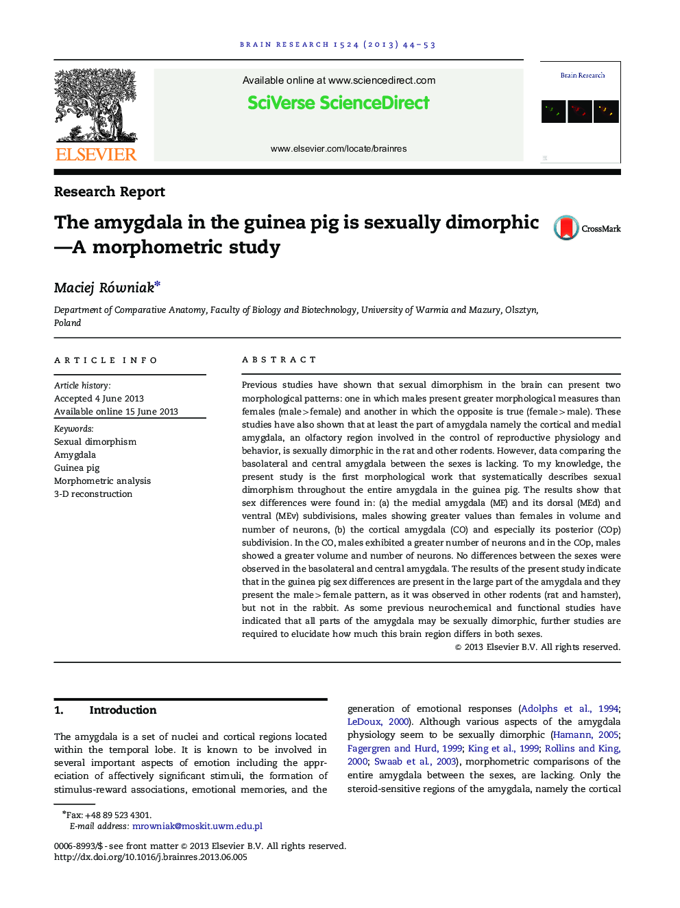 The amygdala in the guinea pig is sexually dimorphic—A morphometric study