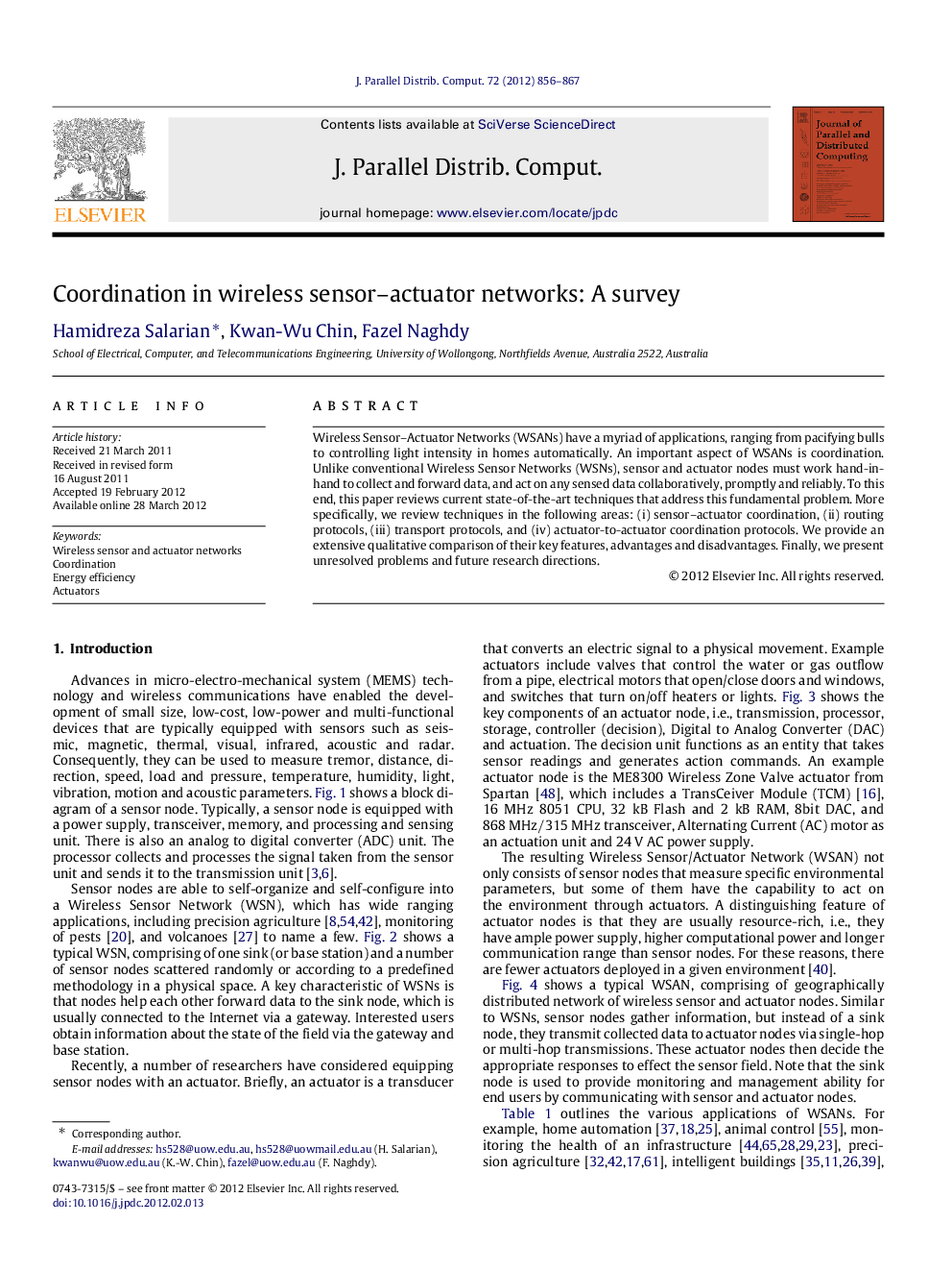 Coordination in wireless sensor–actuator networks: A survey