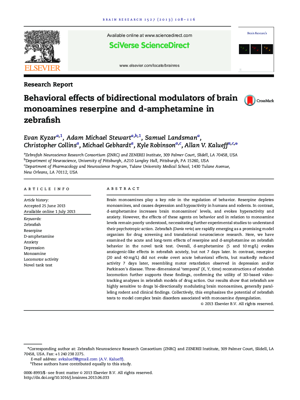 Behavioral effects of bidirectional modulators of brain monoamines reserpine and d-amphetamine in zebrafish