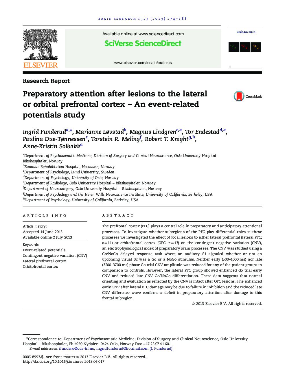 Preparatory attention after lesions to the lateral or orbital prefrontal cortex – An event-related potentials study