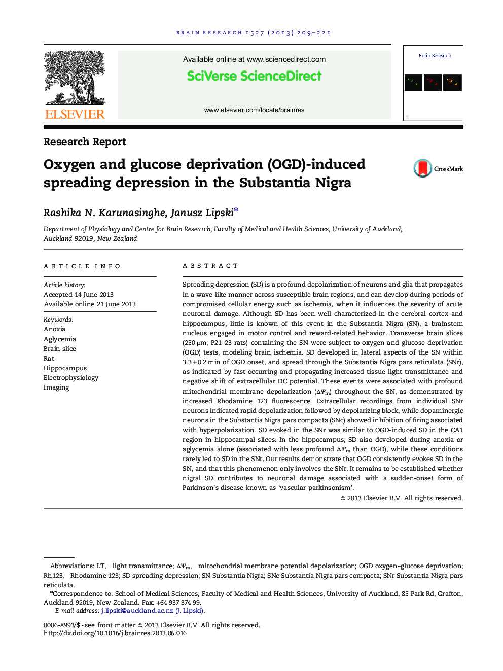 Oxygen and glucose deprivation (OGD)-induced spreading depression in the Substantia Nigra