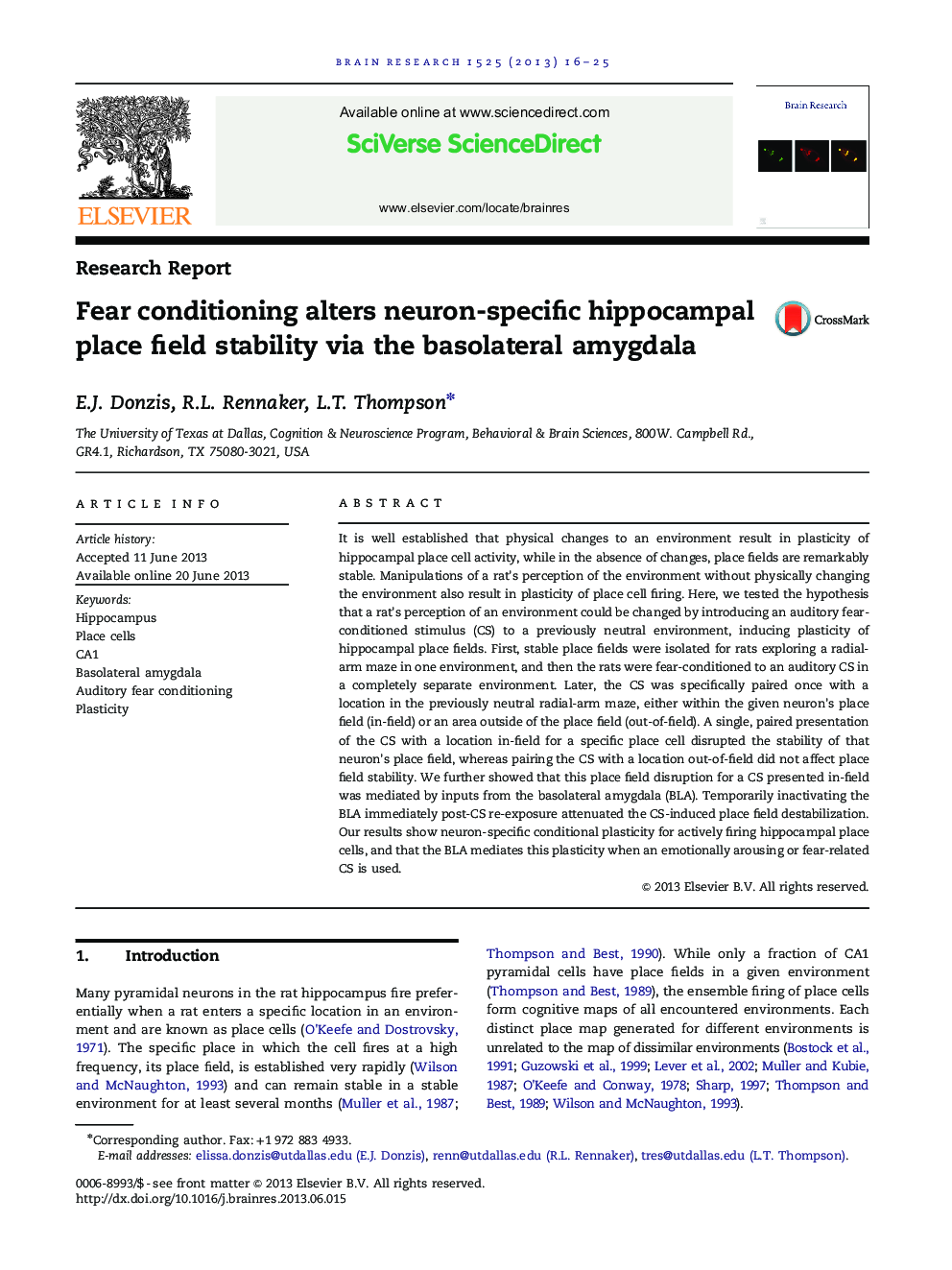 Fear conditioning alters neuron-specific hippocampal place field stability via the basolateral amygdala