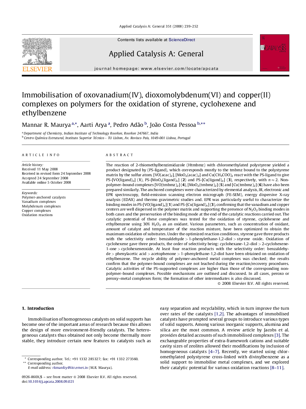 Immobilisation of oxovanadium(IV), dioxomolybdenum(VI) and copper(II) complexes on polymers for the oxidation of styrene, cyclohexene and ethylbenzene