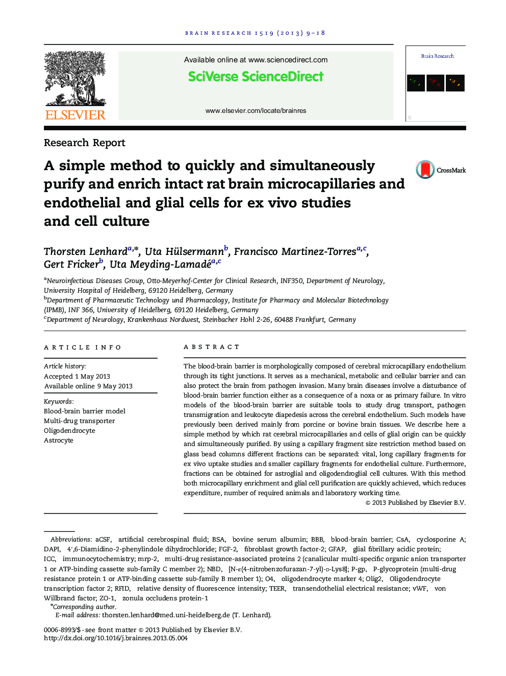 A simple method to quickly and simultaneously purify and enrich intact rat brain microcapillaries and endothelial and glial cells for ex vivo studies and cell culture