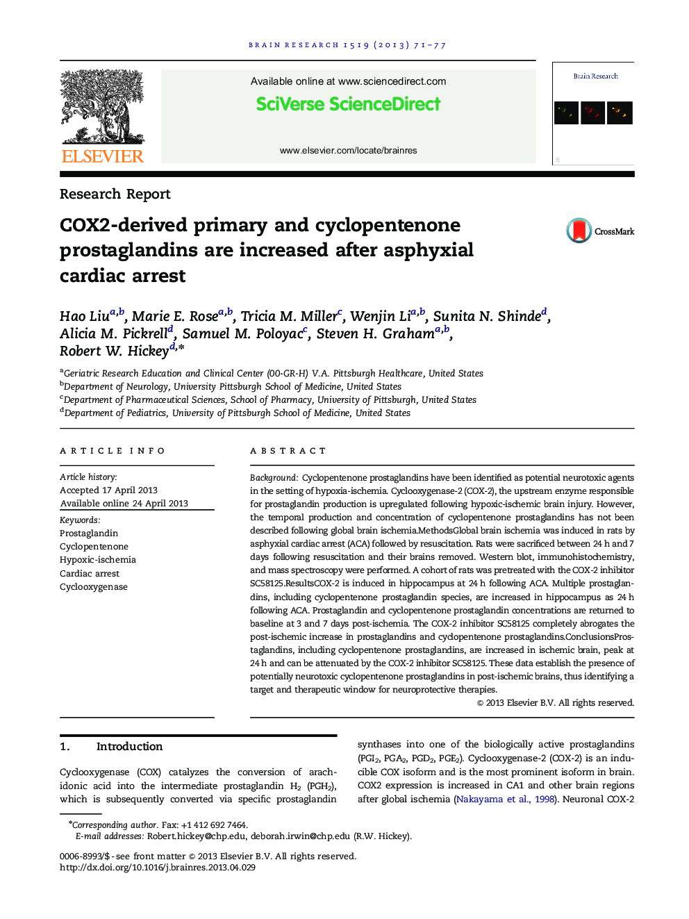 COX2-derived primary and cyclopentenone prostaglandins are increased after asphyxial cardiac arrest