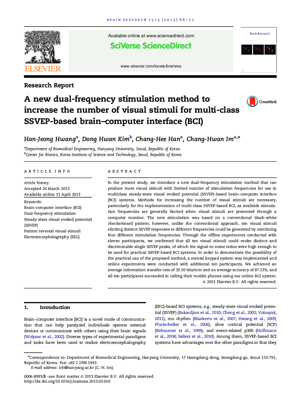 A new dual-frequency stimulation method to increase the number of visual stimuli for multi-class SSVEP-based brain–computer interface (BCI)