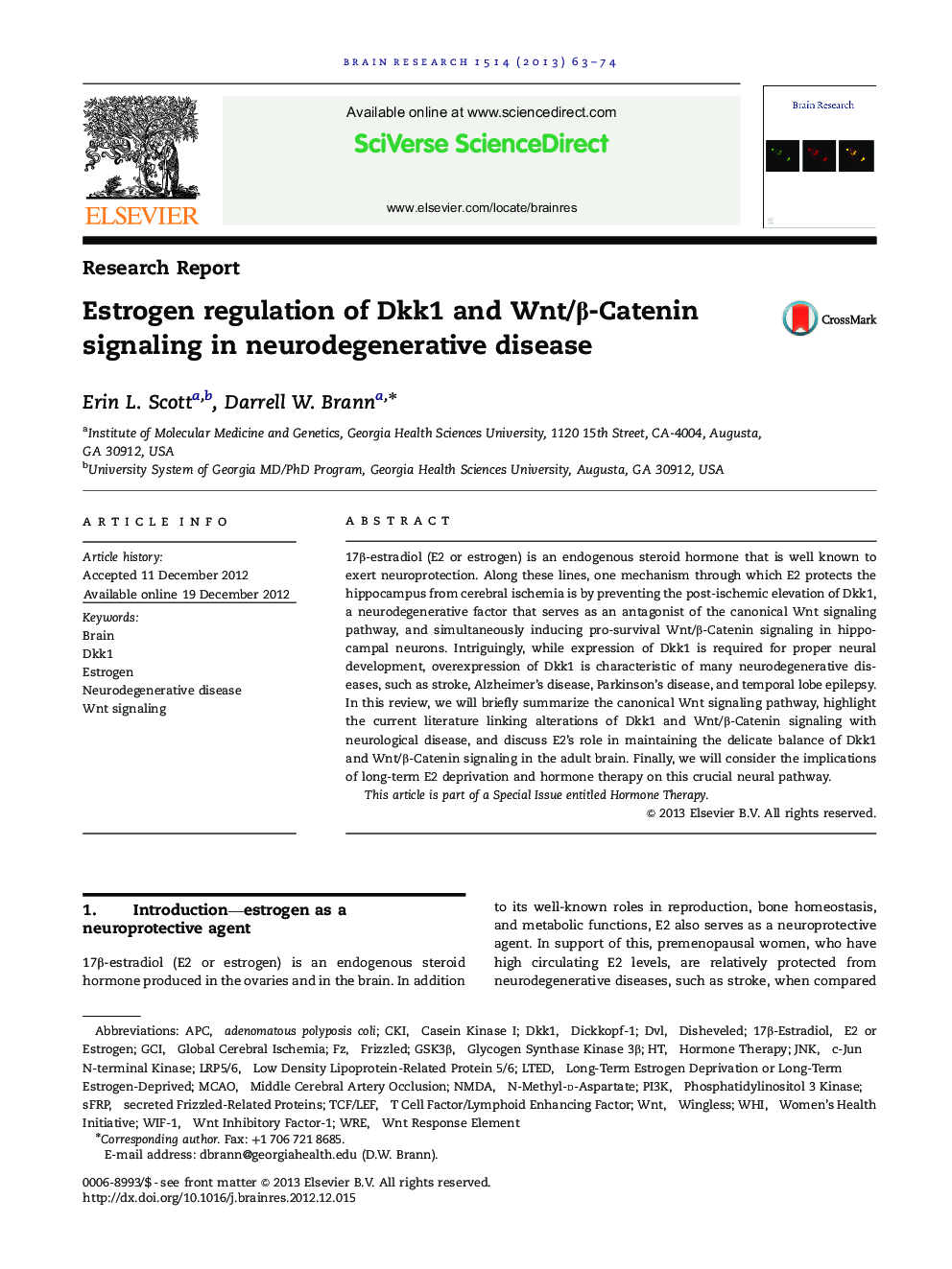 Estrogen regulation of Dkk1 and Wnt/β-Catenin signaling in neurodegenerative disease