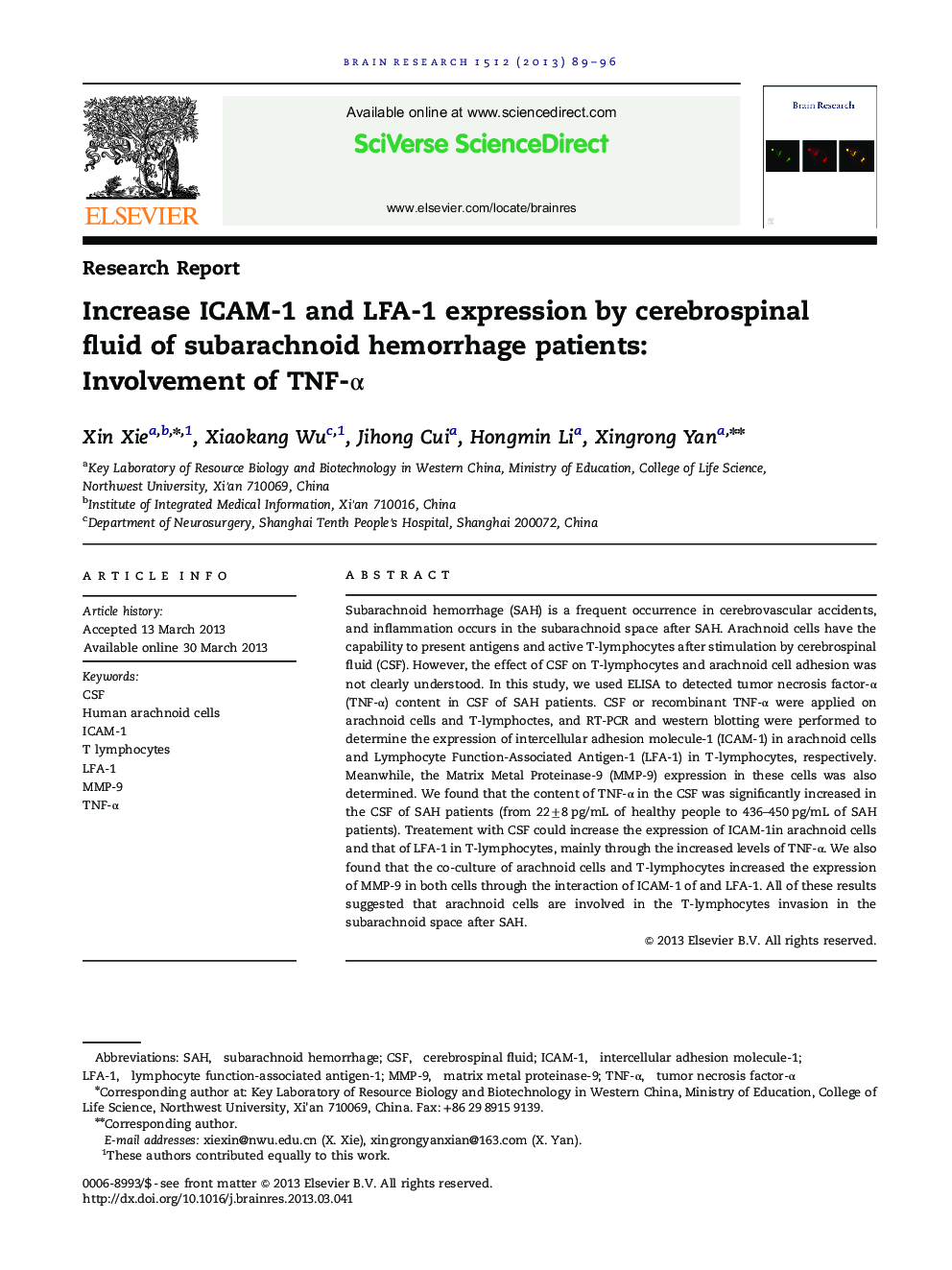 Increase ICAM-1 and LFA-1 expression by cerebrospinal fluid of subarachnoid hemorrhage patients: Involvement of TNF-Î±