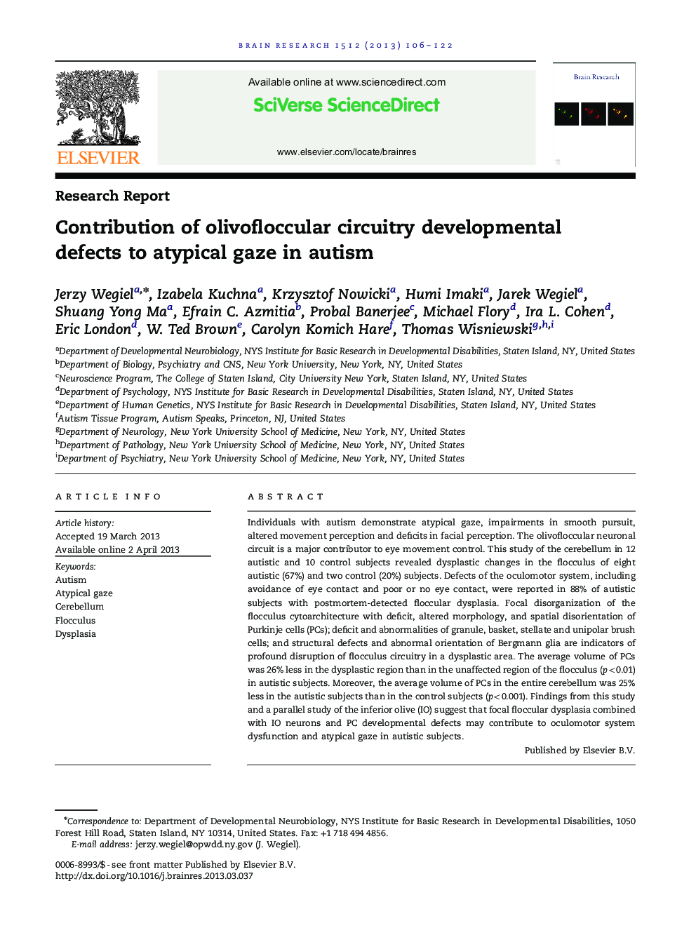 Contribution of olivofloccular circuitry developmental defects to atypical gaze in autism