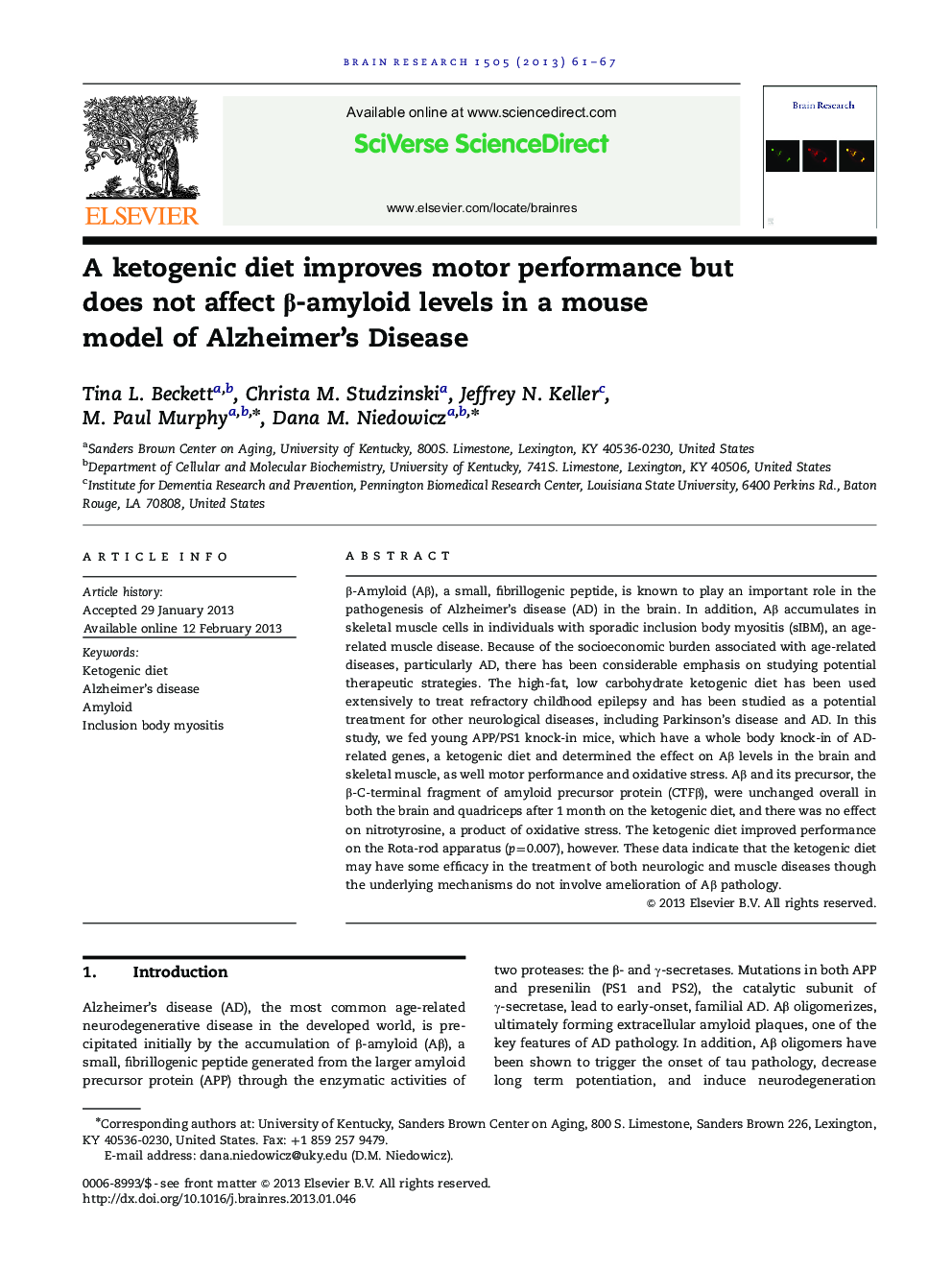 A ketogenic diet improves motor performance but does not affect β-amyloid levels in a mouse model of Alzheimer's Disease