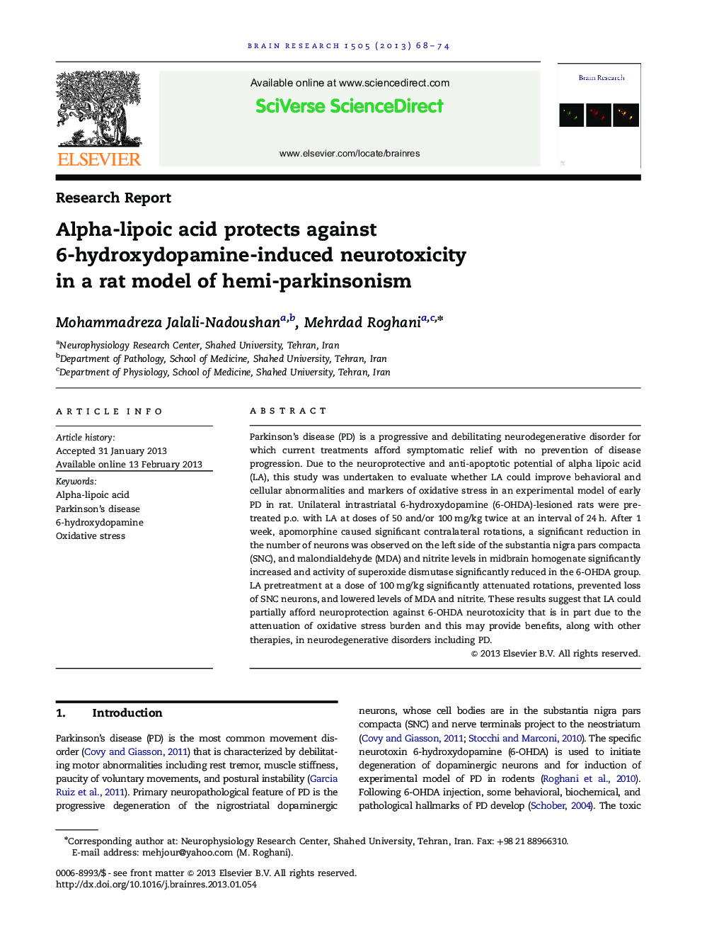 Alpha-lipoic acid protects against 6-hydroxydopamine-induced neurotoxicity in a rat model of hemi-parkinsonism