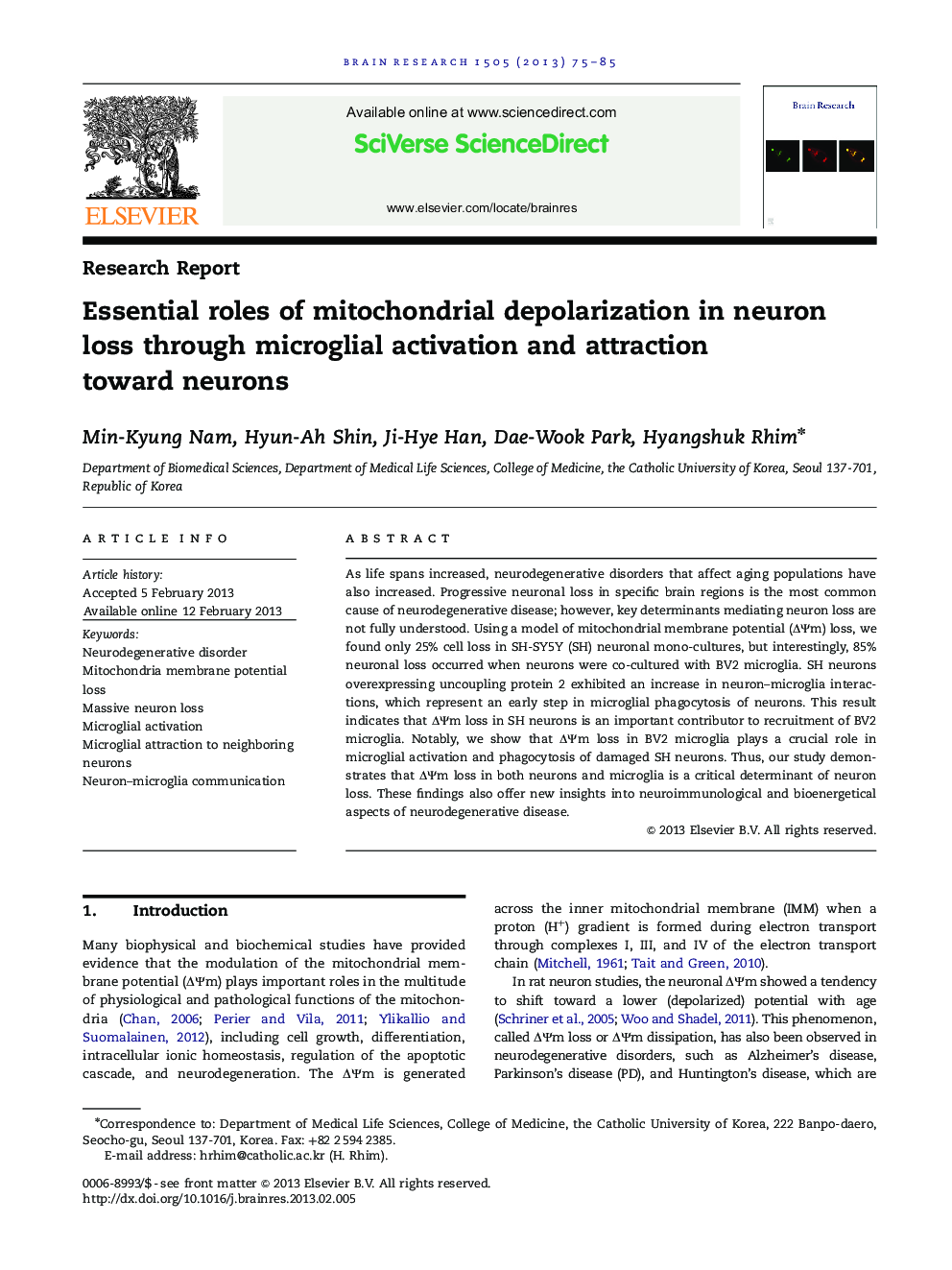 Essential roles of mitochondrial depolarization in neuron loss through microglial activation and attraction toward neurons