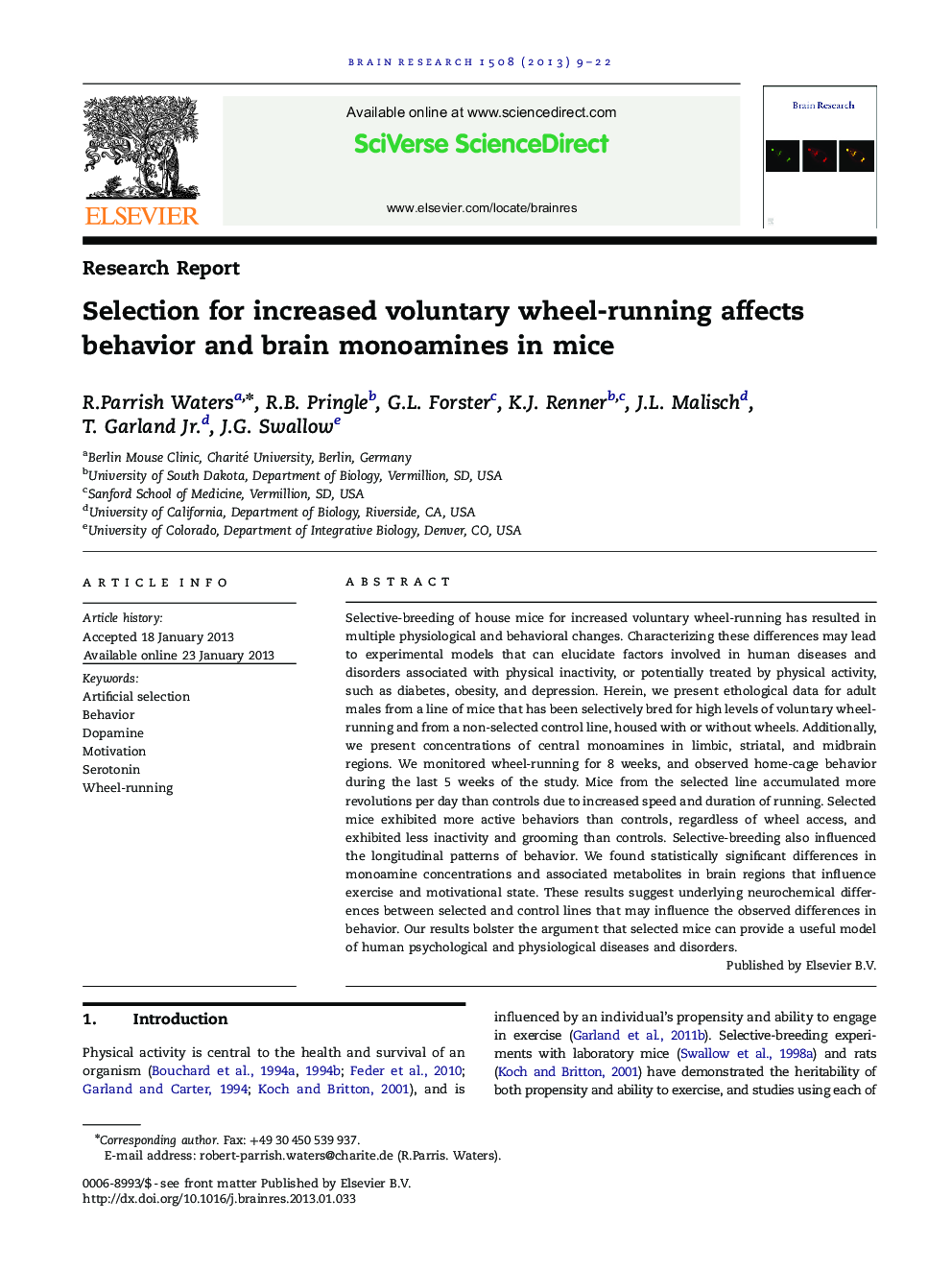Selection for increased voluntary wheel-running affects behavior and brain monoamines in mice