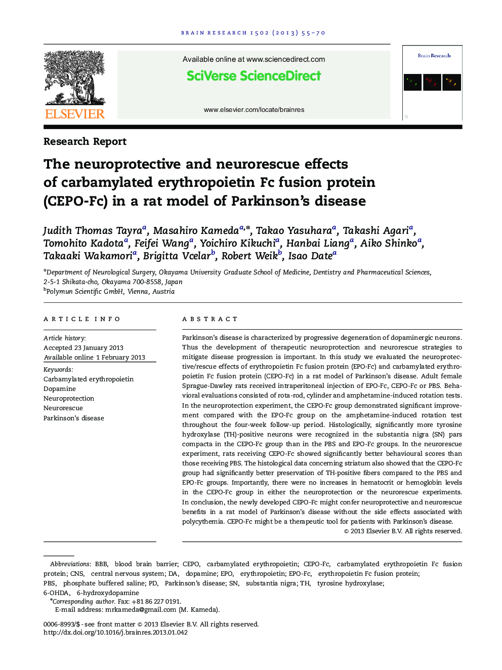 The neuroprotective and neurorescue effects of carbamylated erythropoietin Fc fusion protein (CEPO-Fc) in a rat model of Parkinson’s disease