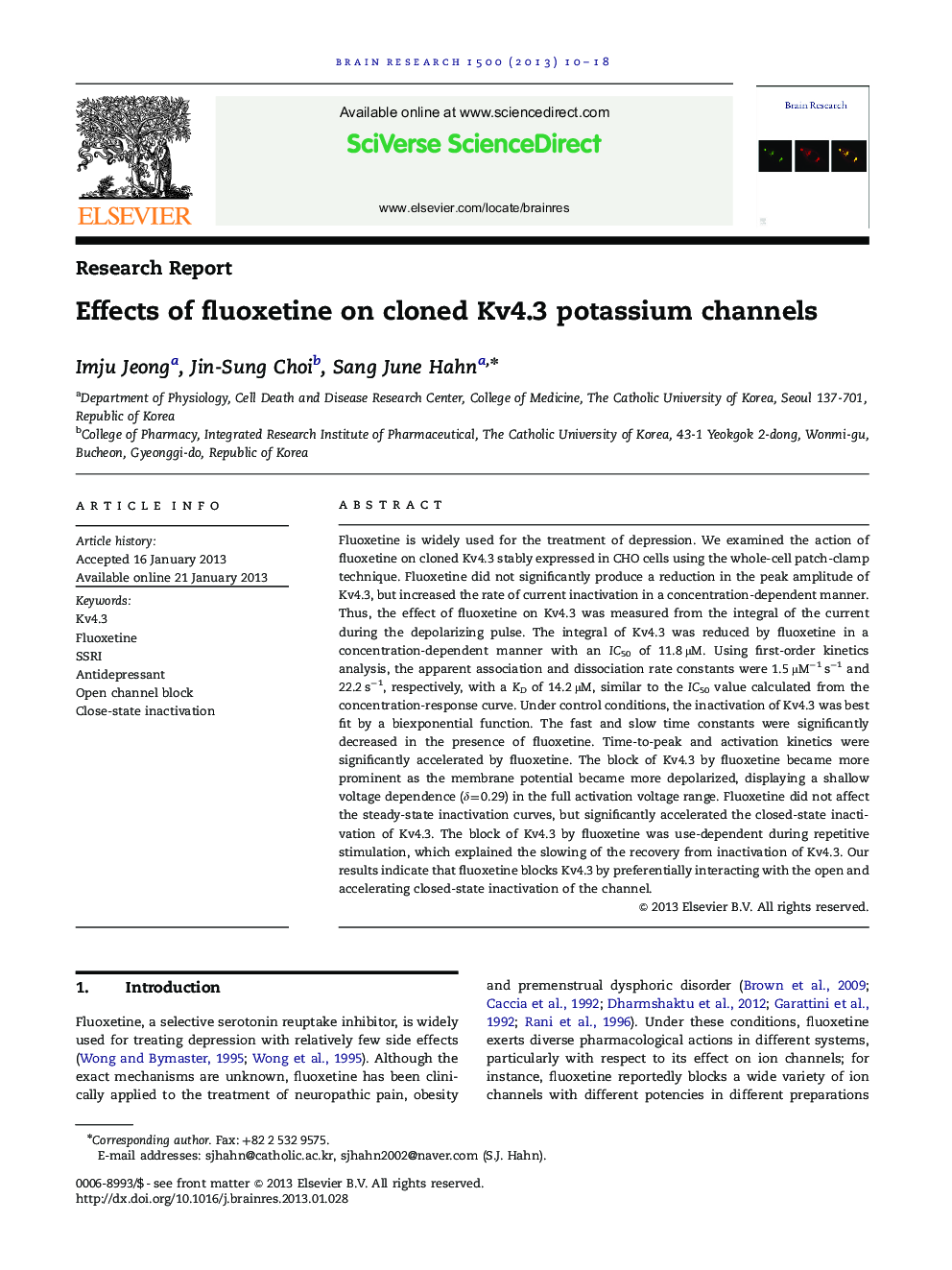 Effects of fluoxetine on cloned Kv4.3 potassium channels