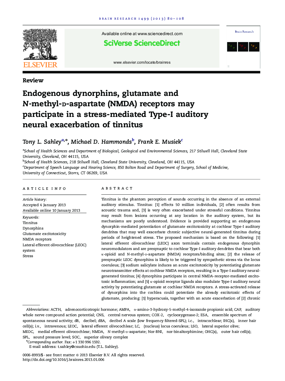 Endogenous dynorphins, glutamate and N-methyl-d-aspartate (NMDA) receptors may participate in a stress-mediated Type-I auditory neural exacerbation of tinnitus