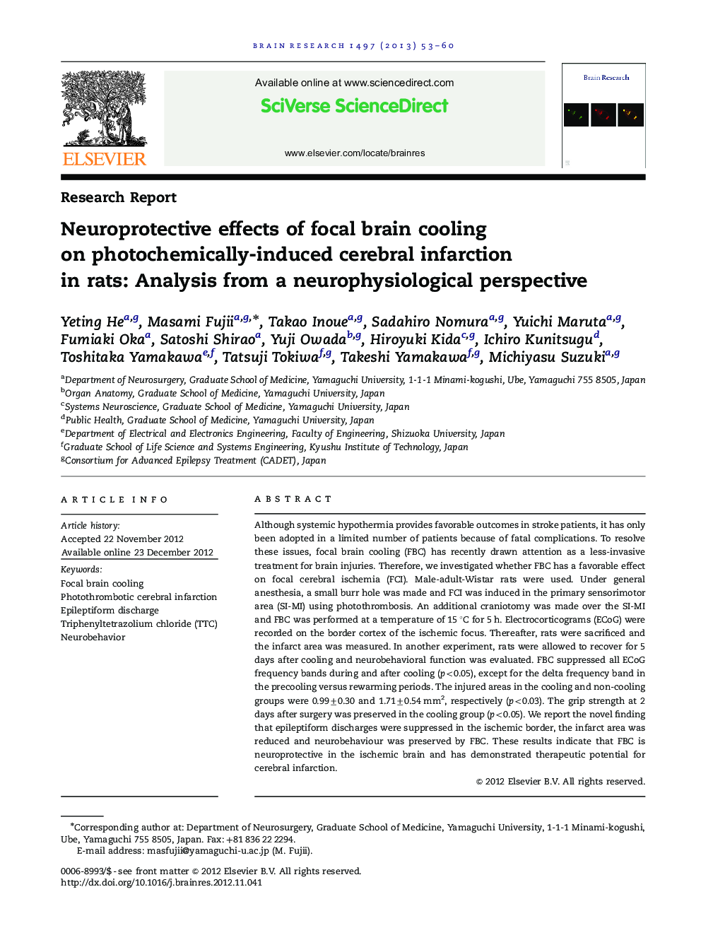 Neuroprotective effects of focal brain cooling on photochemically-induced cerebral infarction in rats: Analysis from a neurophysiological perspective