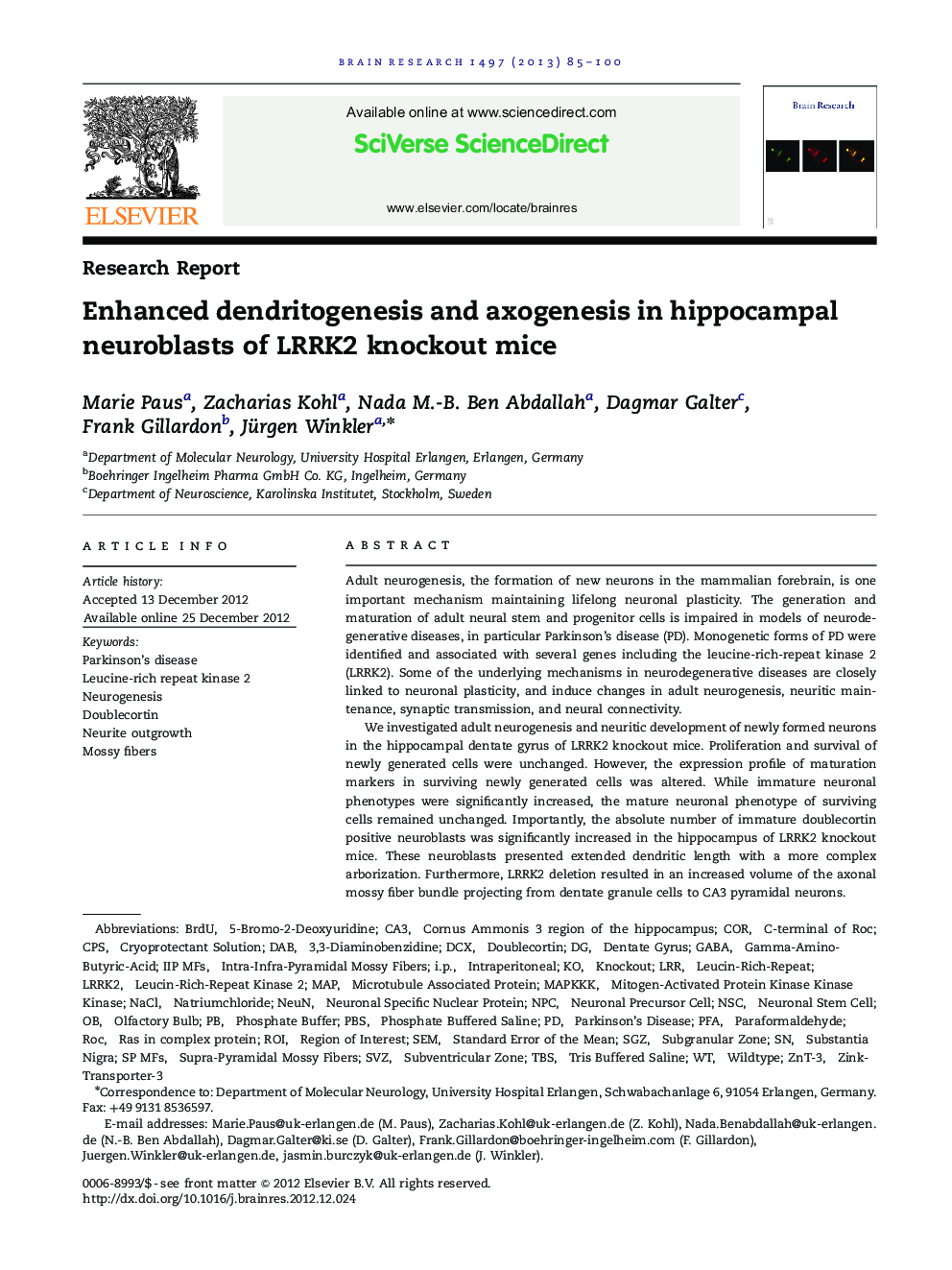 Enhanced dendritogenesis and axogenesis in hippocampal neuroblasts of LRRK2 knockout mice