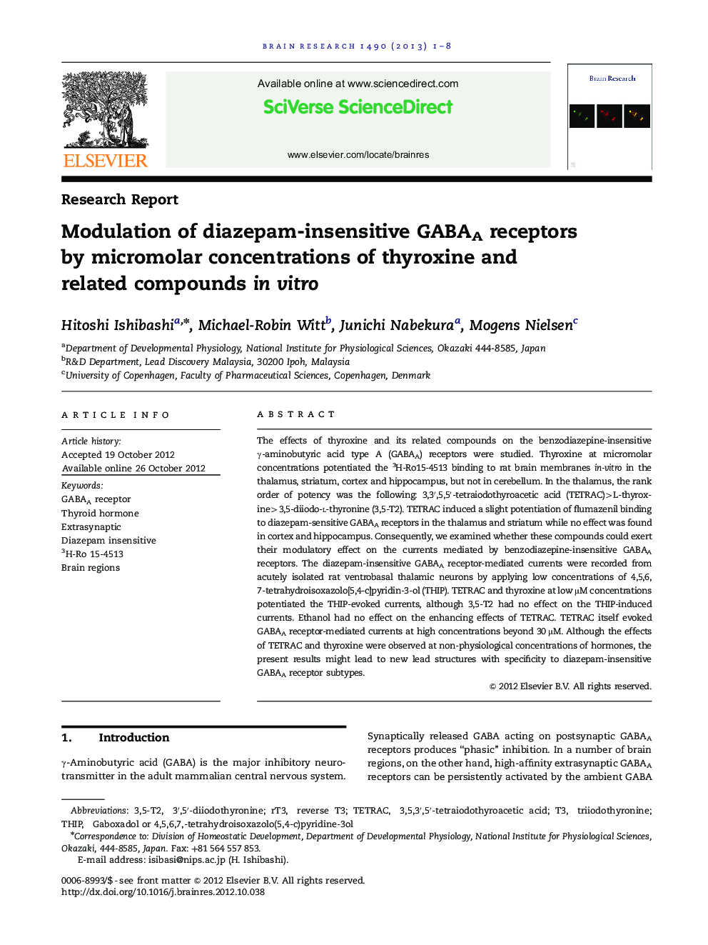 Modulation of diazepam-insensitive GABAA receptors by micromolar concentrations of thyroxine and related compounds in vitro