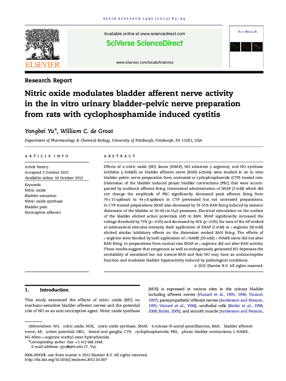 Nitric oxide modulates bladder afferent nerve activity in the in vitro urinary bladder–pelvic nerve preparation from rats with cyclophosphamide induced cystitis