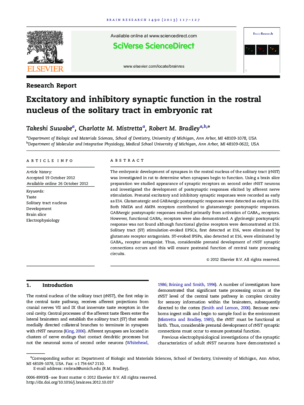 Excitatory and inhibitory synaptic function in the rostral nucleus of the solitary tract in embryonic rat