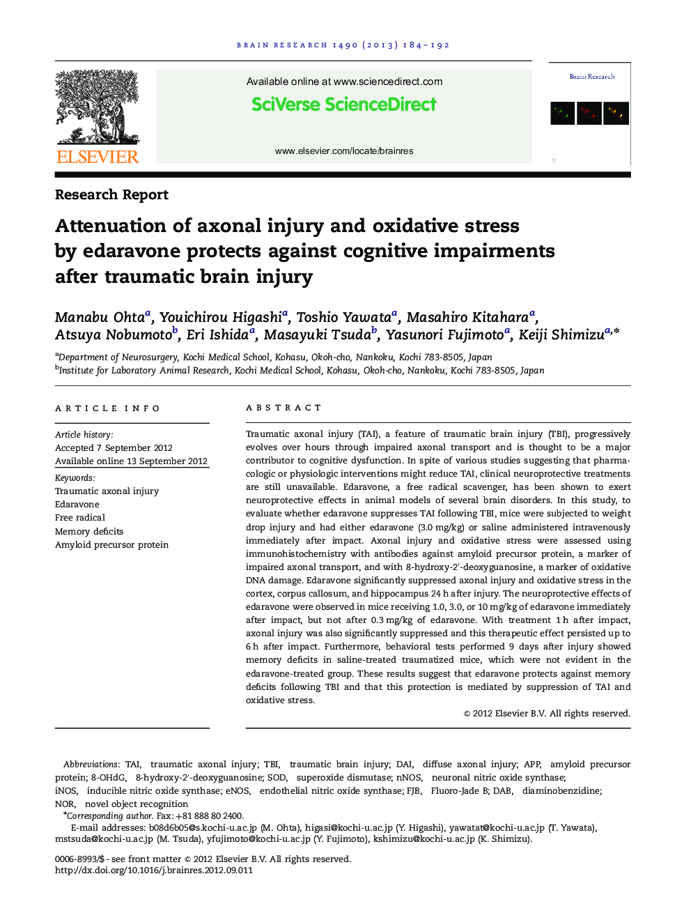 Attenuation of axonal injury and oxidative stress by edaravone protects against cognitive impairments after traumatic brain injury