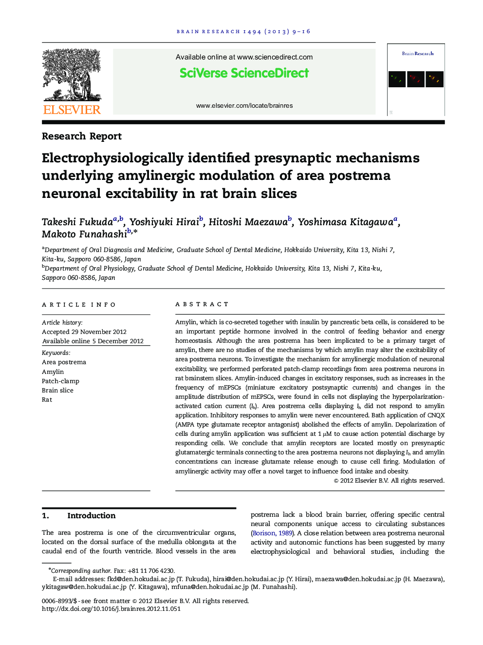 Electrophysiologically identified presynaptic mechanisms underlying amylinergic modulation of area postrema neuronal excitability in rat brain slices