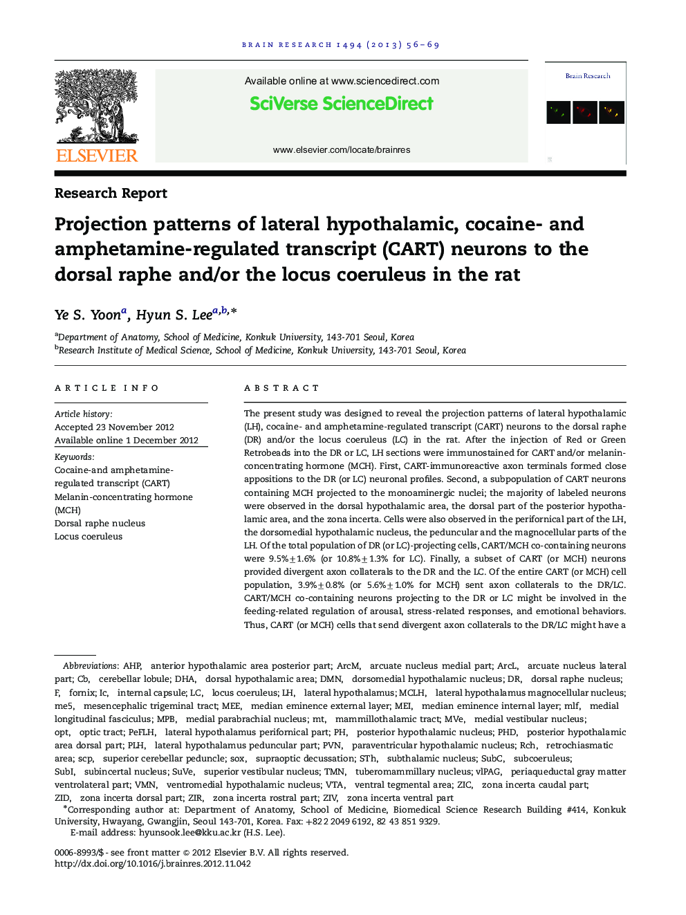 Projection patterns of lateral hypothalamic, cocaine- and amphetamine-regulated transcript (CART) neurons to the dorsal raphe and/or the locus coeruleus in the rat