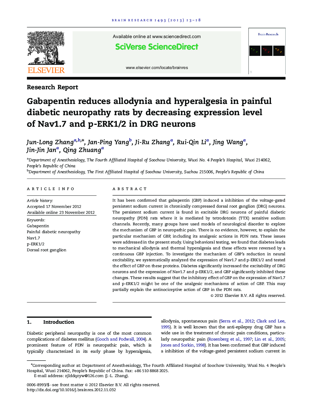 Gabapentin reduces allodynia and hyperalgesia in painful diabetic neuropathy rats by decreasing expression level of Nav1.7 and p-ERK1/2 in DRG neurons