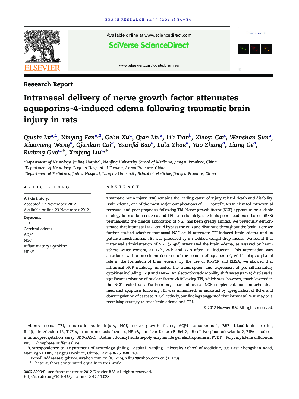 Intranasal delivery of nerve growth factor attenuates aquaporins-4-induced edema following traumatic brain injury in rats