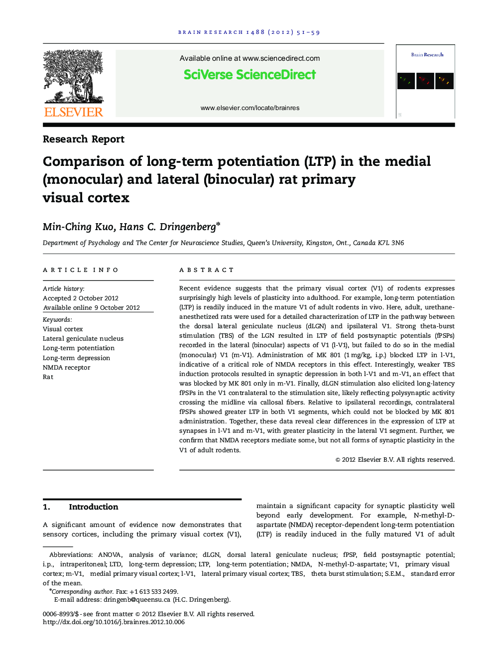 Comparison of long-term potentiation (LTP) in the medial (monocular) and lateral (binocular) rat primary visual cortex