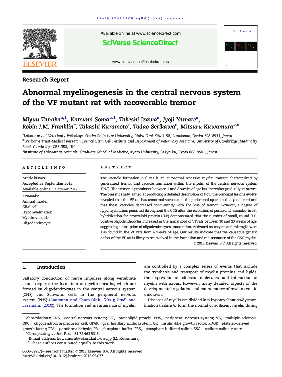 Abnormal myelinogenesis in the central nervous system of the VF mutant rat with recoverable tremor