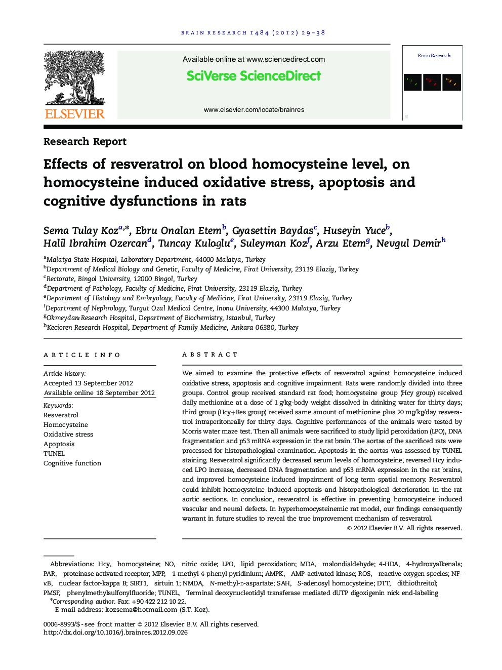 Effects of resveratrol on blood homocysteine level, on homocysteine induced oxidative stress, apoptosis and cognitive dysfunctions in rats