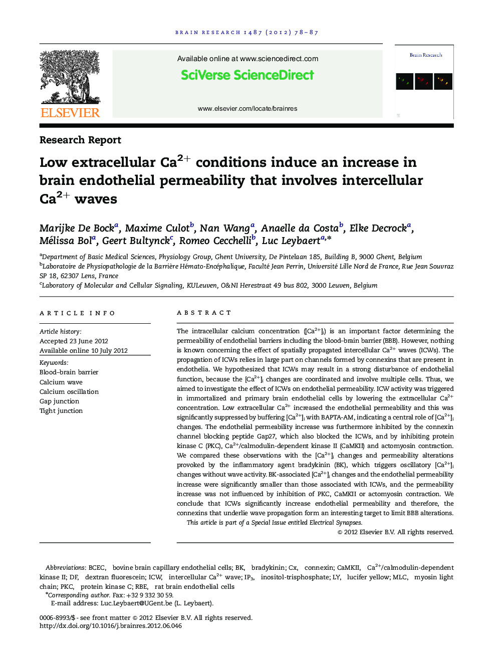 Low extracellular Ca2+ conditions induce an increase in brain endothelial permeability that involves intercellular Ca2+ waves