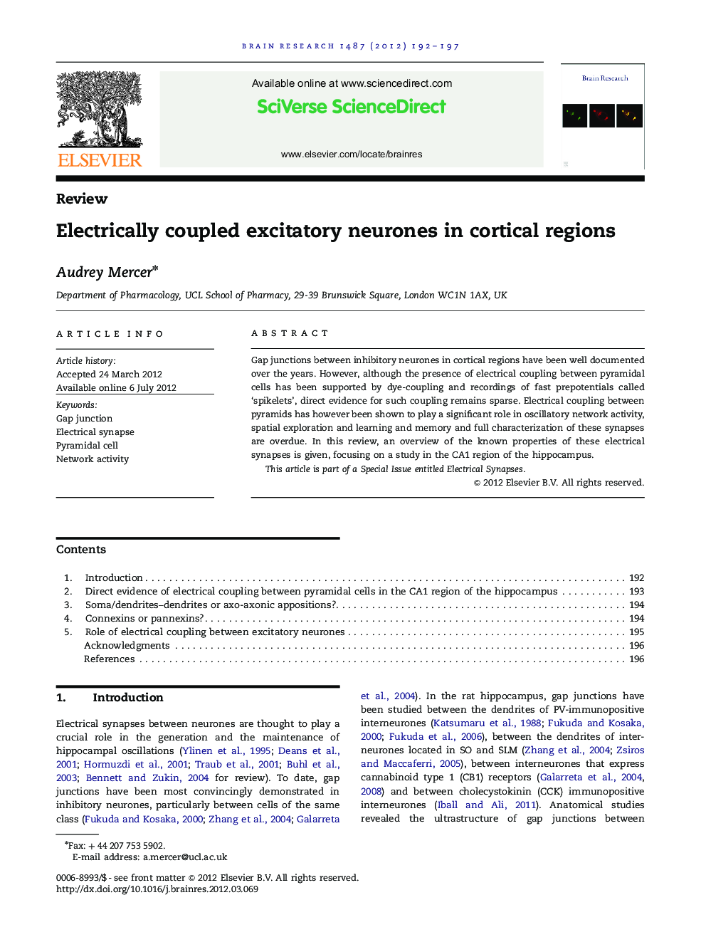 Electrically coupled excitatory neurones in cortical regions