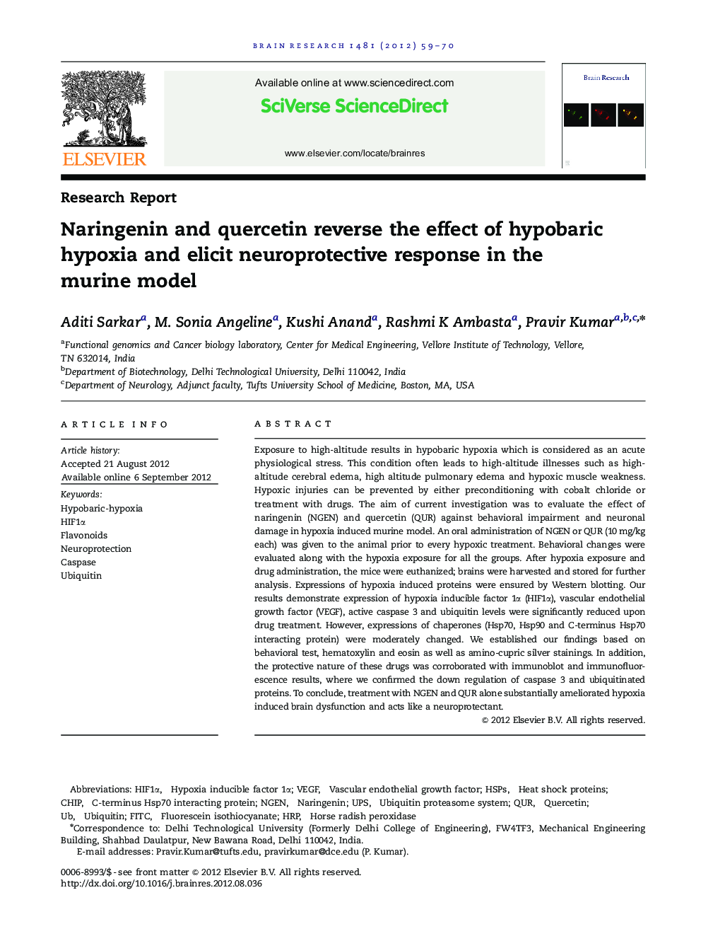 Naringenin and quercetin reverse the effect of hypobaric hypoxia and elicit neuroprotective response in the murine model