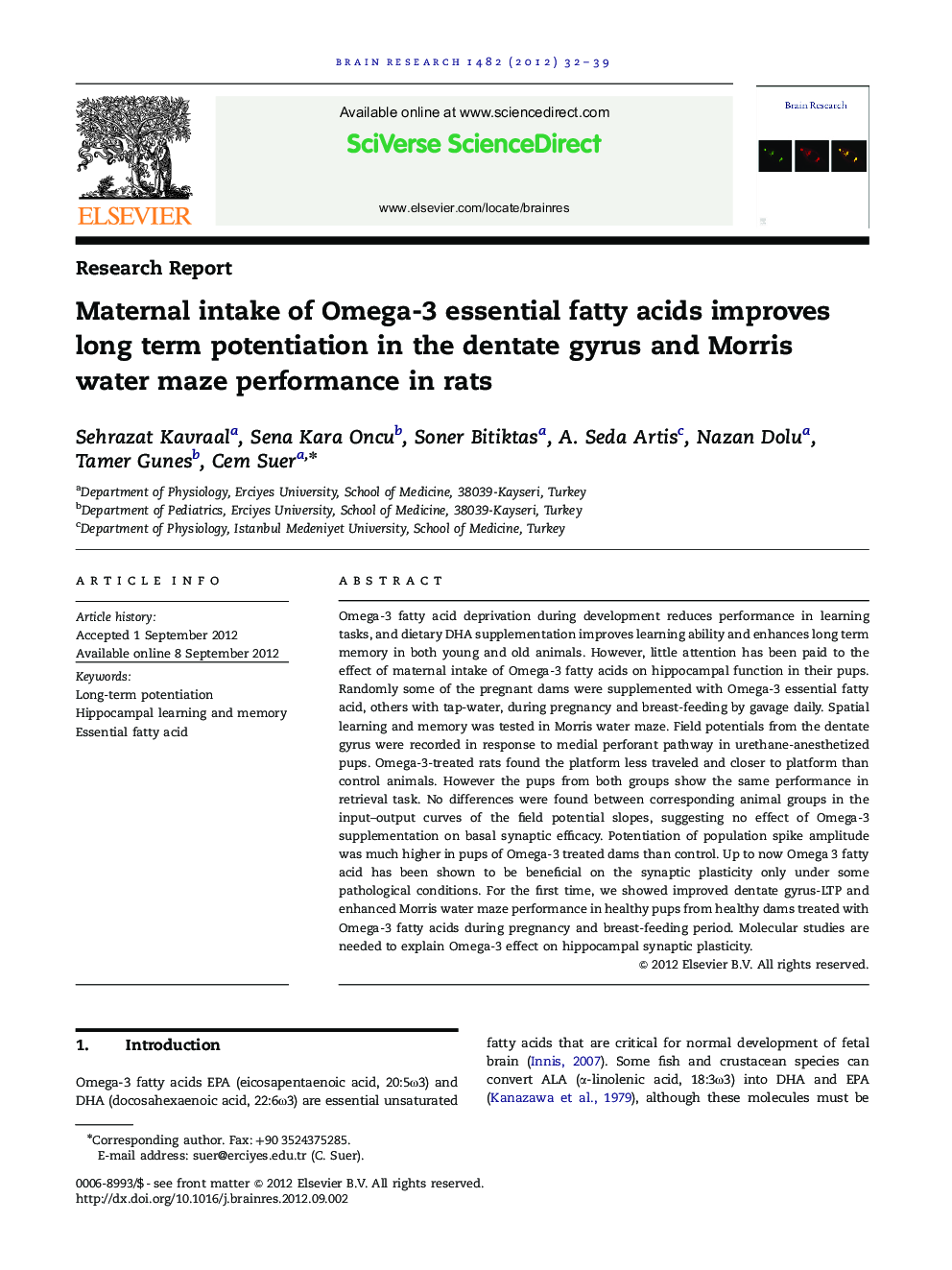 Maternal intake of Omega-3 essential fatty acids improves long term potentiation in the dentate gyrus and Morris water maze performance in rats