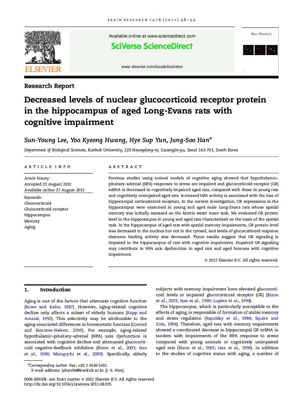 Decreased levels of nuclear glucocorticoid receptor protein in the hippocampus of aged Long-Evans rats with cognitive impairment