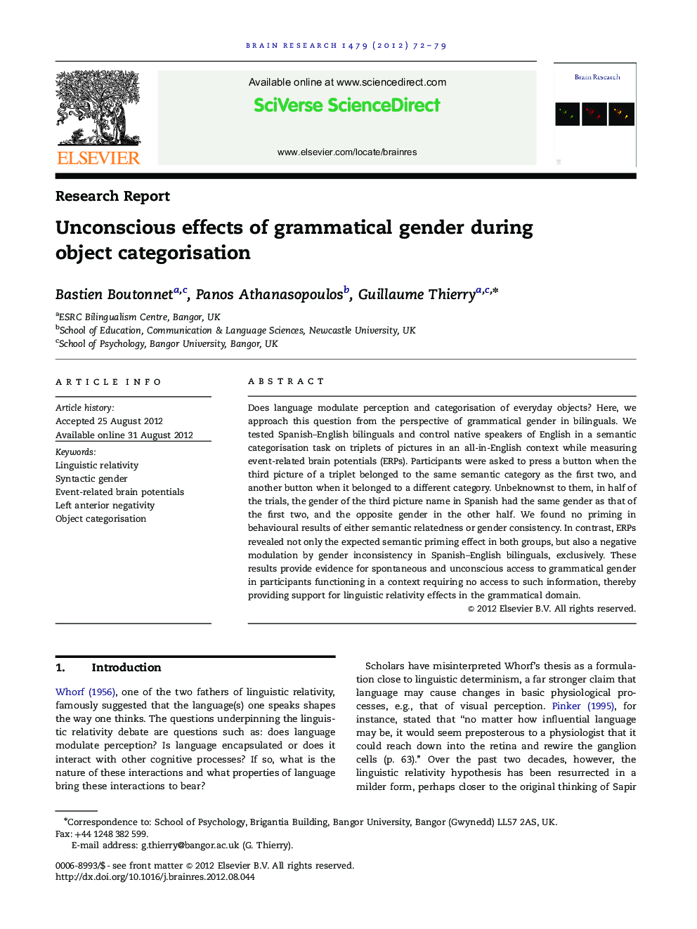 Unconscious effects of grammatical gender during object categorisation
