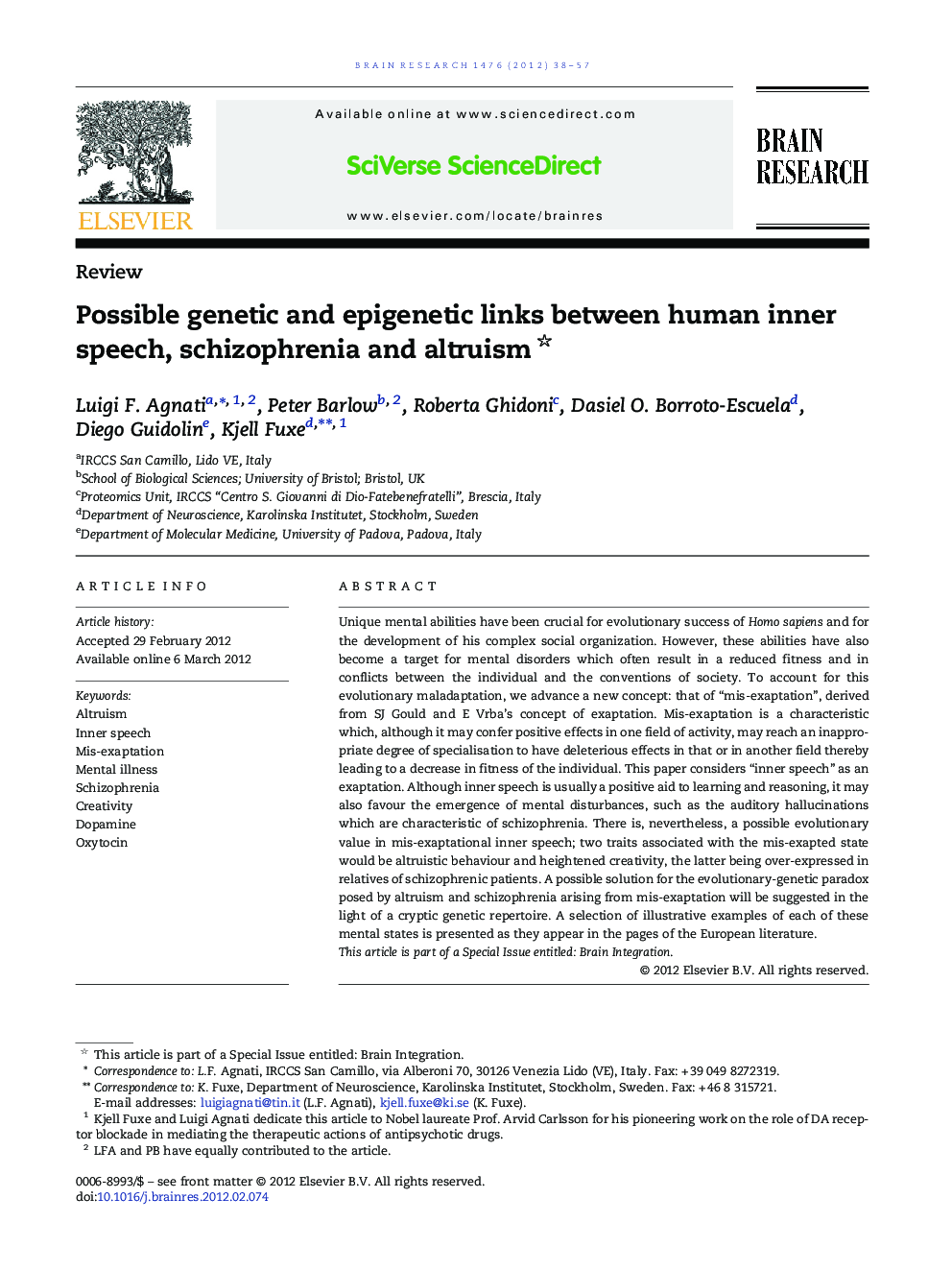 Possible genetic and epigenetic links between human inner speech, schizophrenia and altruism 