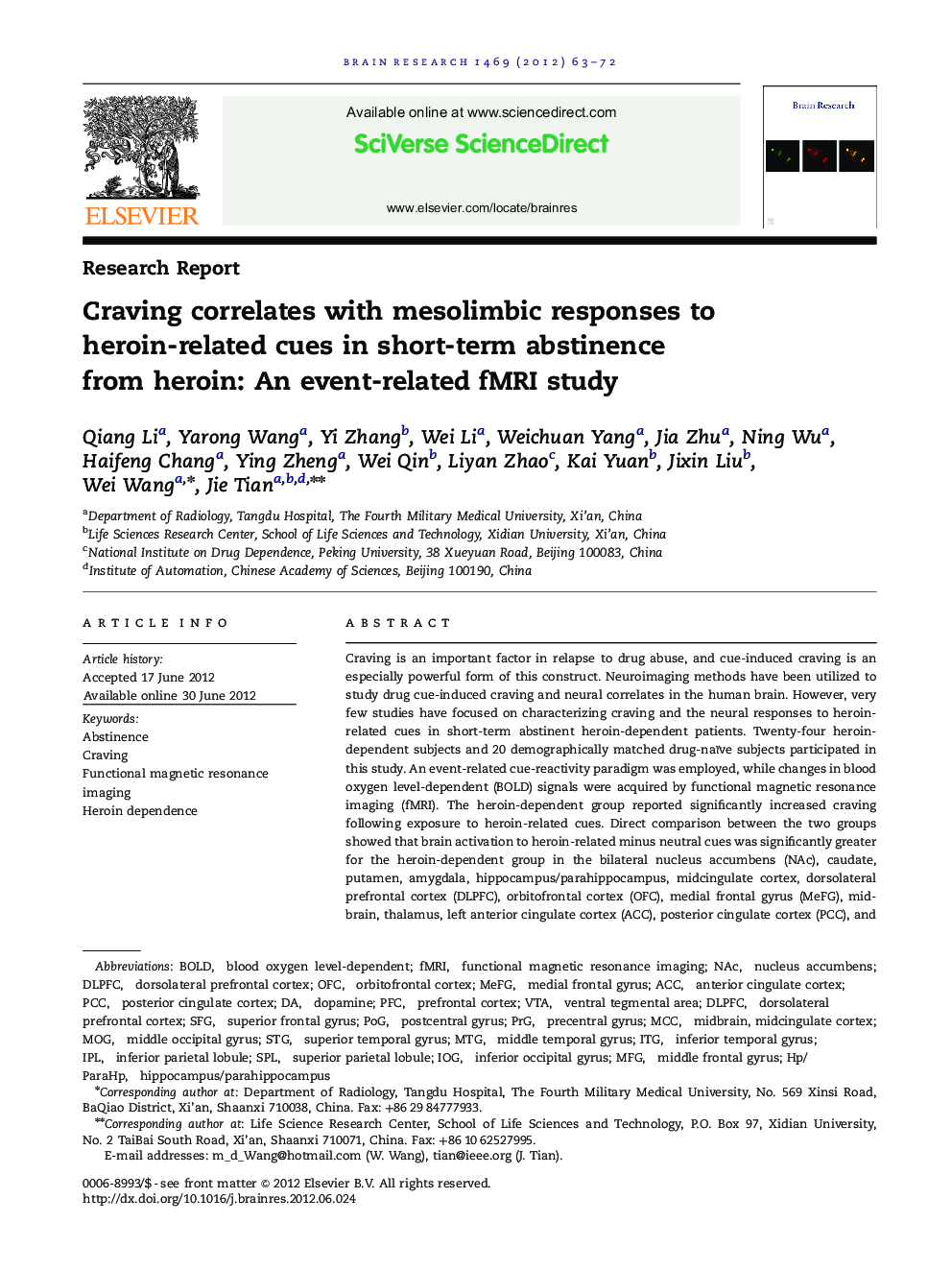 Craving correlates with mesolimbic responses to heroin-related cues in short-term abstinence from heroin: An event-related fMRI study