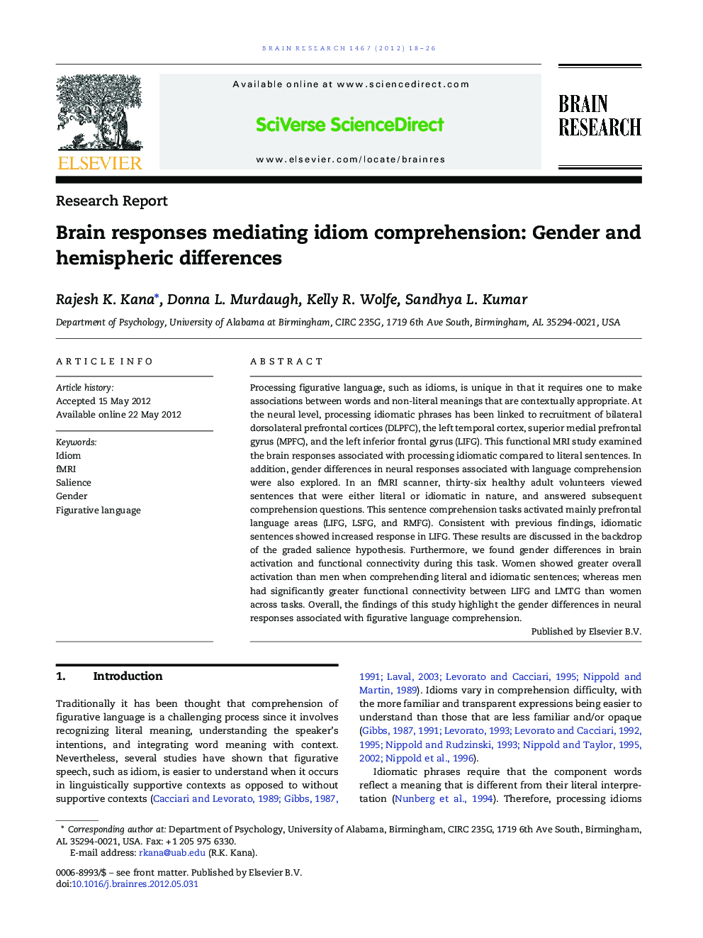 Brain responses mediating idiom comprehension: Gender and hemispheric differences