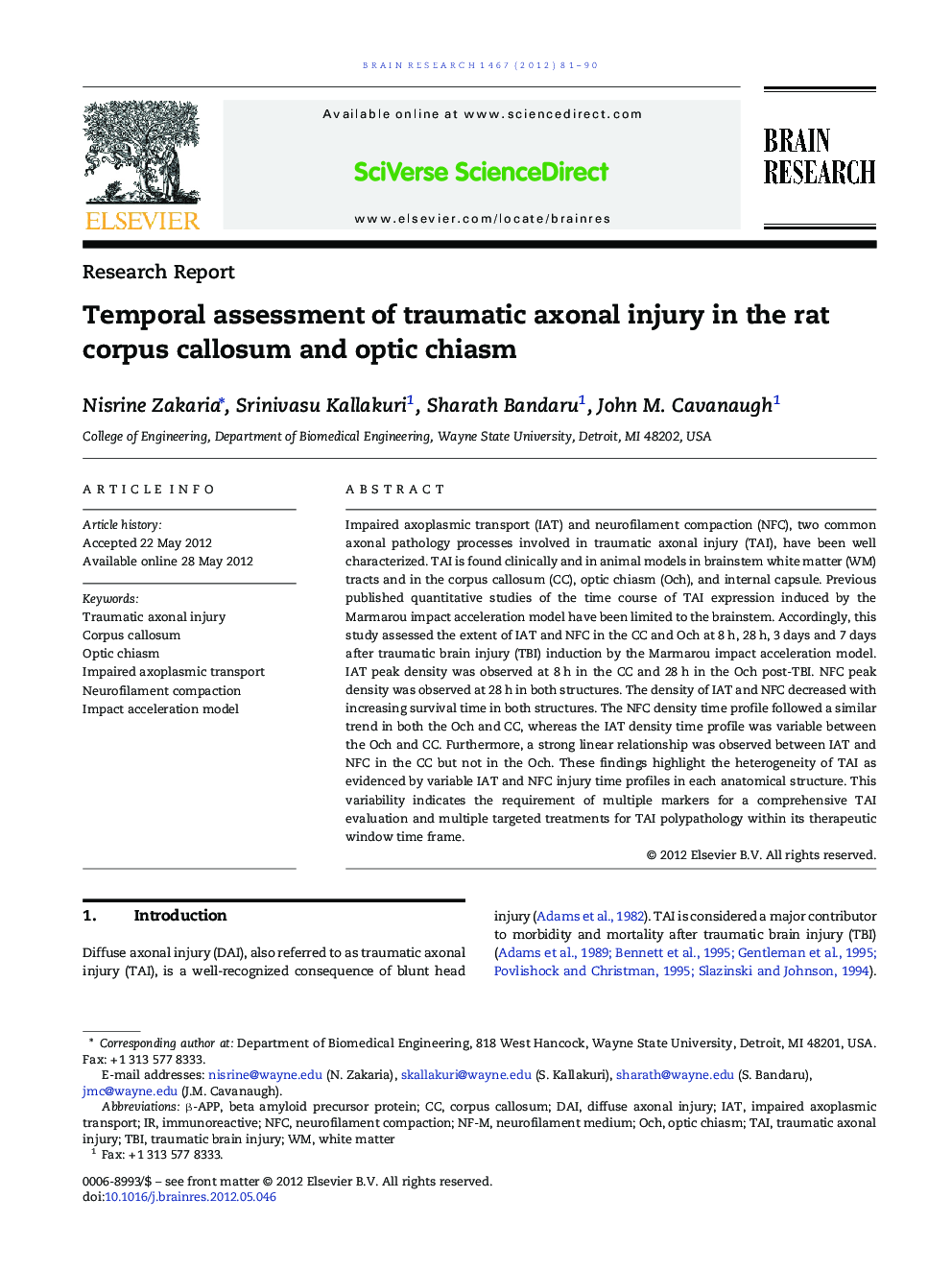 Temporal assessment of traumatic axonal injury in the rat corpus callosum and optic chiasm