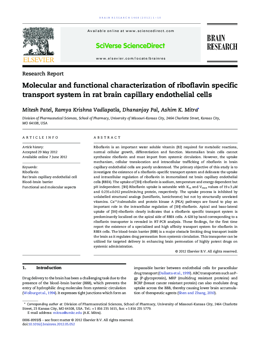 Molecular and functional characterization of riboflavin specific transport system in rat brain capillary endothelial cells