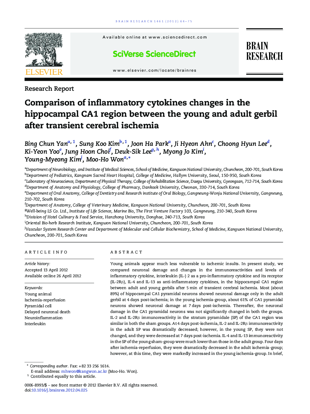 Comparison of inflammatory cytokines changes in the hippocampal CA1 region between the young and adult gerbil after transient cerebral ischemia