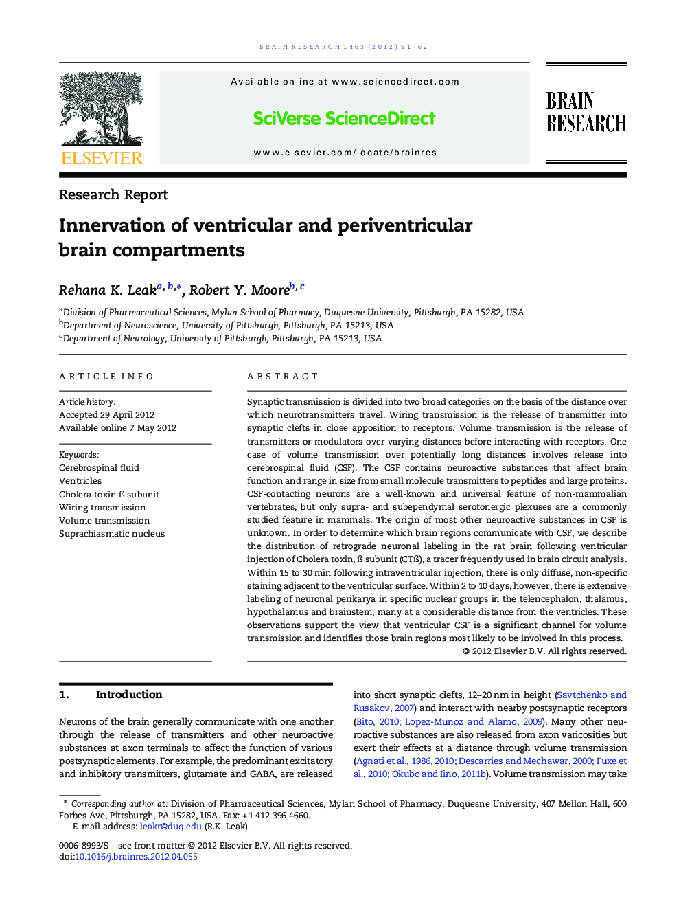 Innervation of ventricular and periventricular brain compartments