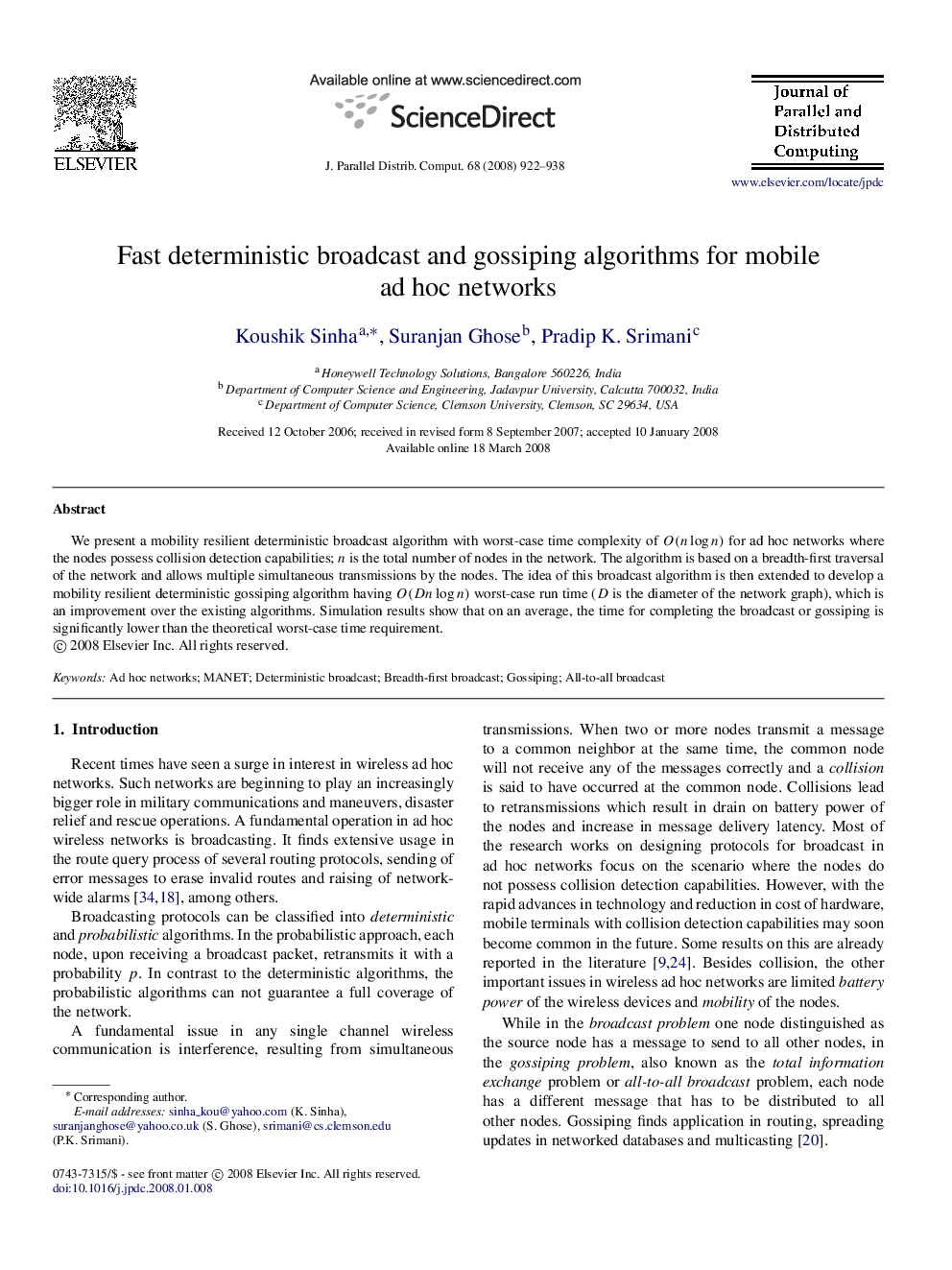 Fast deterministic broadcast and gossiping algorithms for mobile ad hoc networks