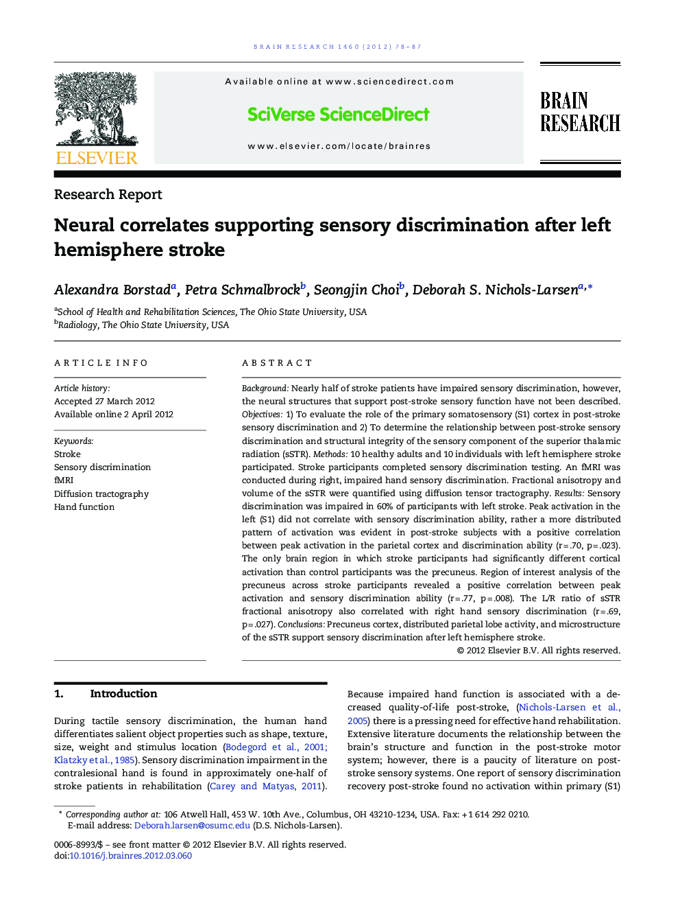 Neural correlates supporting sensory discrimination after left hemisphere stroke