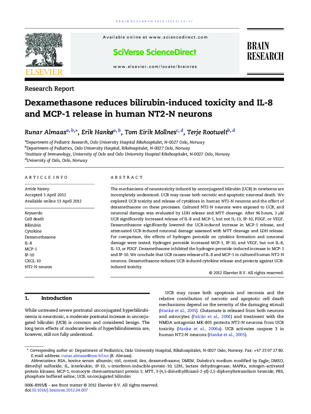 Dexamethasone reduces bilirubin-induced toxicity and IL-8 and MCP-1 release in human NT2-N neurons