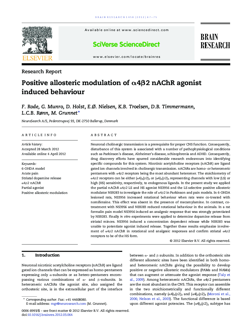 Positive allosteric modulation of α4β2 nAChR agonist induced behaviour